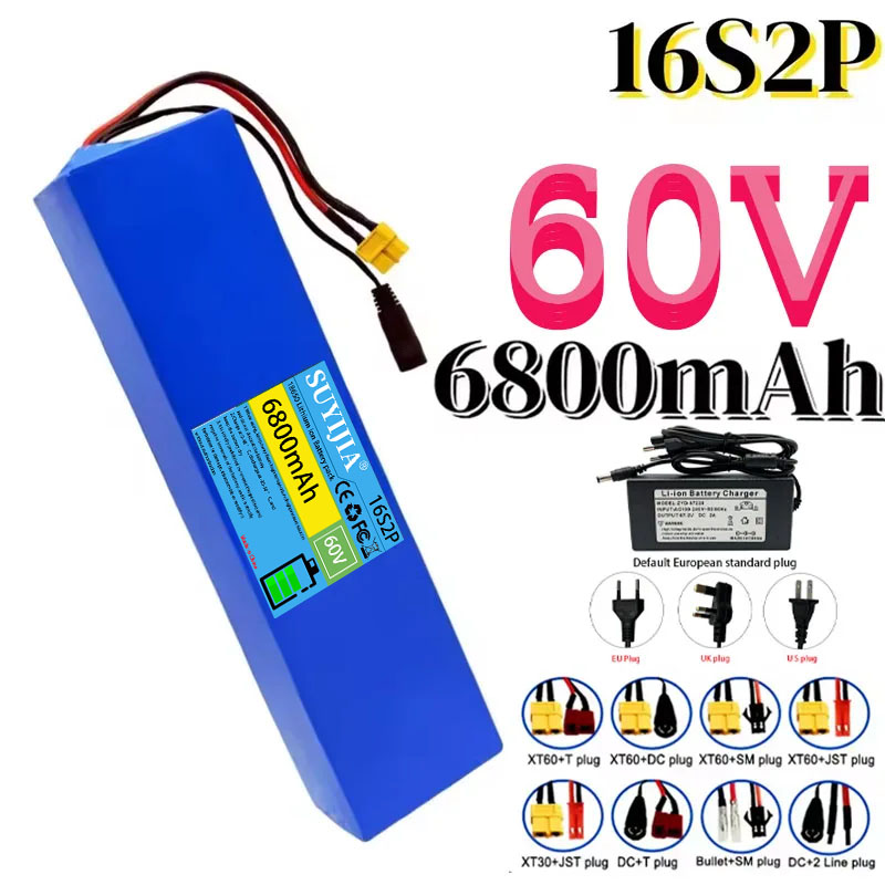 60V 30Ah Electric Scooter Battery - 16S2P リチウムバッテリーパック、60V、6.8Ah、18650 充電式セル（BMS付き）、電動乗用車用バッテリー + 充電器に最適